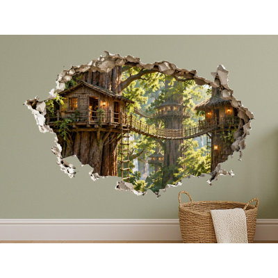 Treehouse Village 3D Wall Sticker, Peel and Stick Forest Hole in the Wall Decal for Kids Room Nursery and Playroom, 24"W x 16"H (61 x 41 cm)