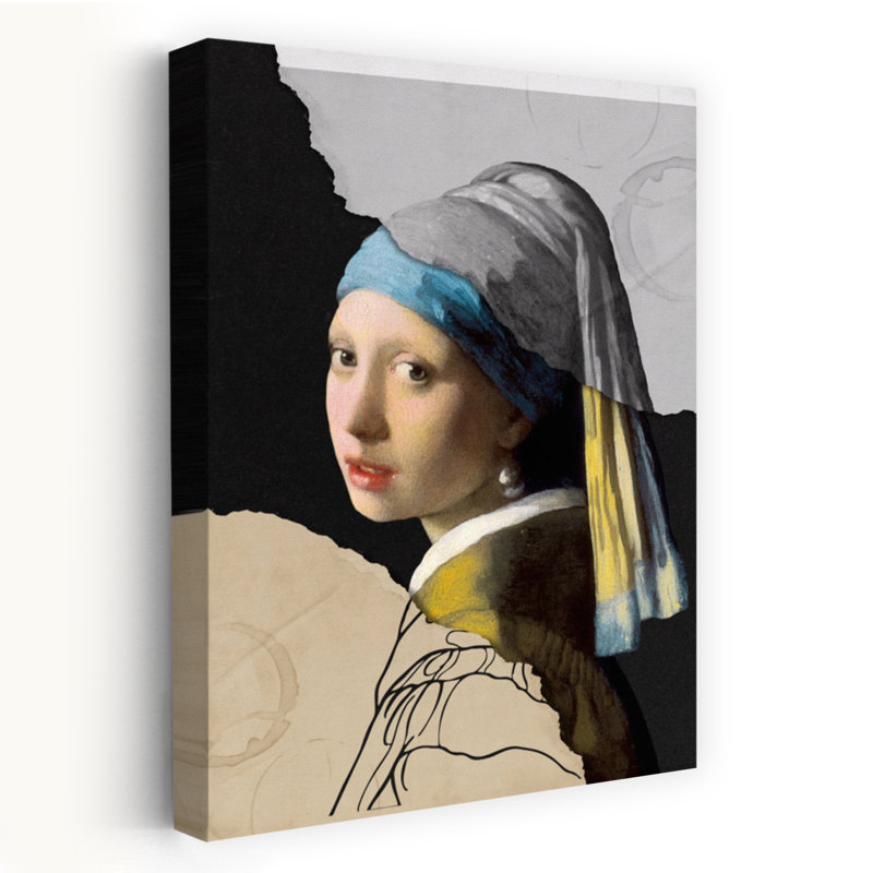 «Girl With Pearl Mixed Media Edition», art mural classique contemporain, H 48 po x l 32 po