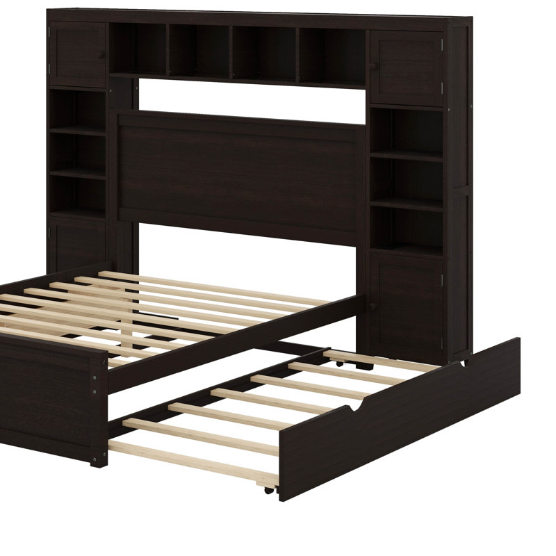 Grand lit en bois avec armoire tout-en-un, tablette et prises, lit gigogne simple TG, Espresso