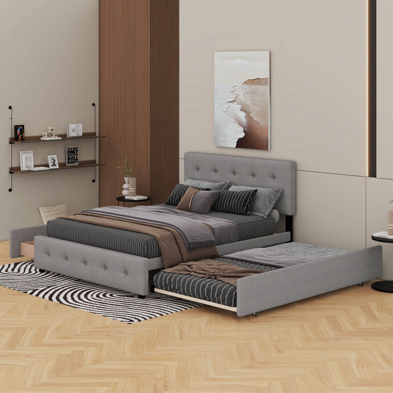 Grand lit plateforme tapissier avec 2 tiroirs et un lit gigogne, Gris clair