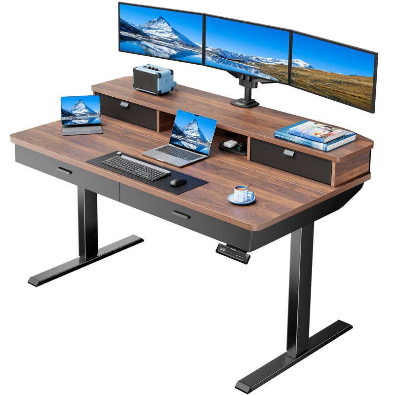 Adjustable Height Modular Steel Standing Desk, 55" W x 30" D, Brown/Black