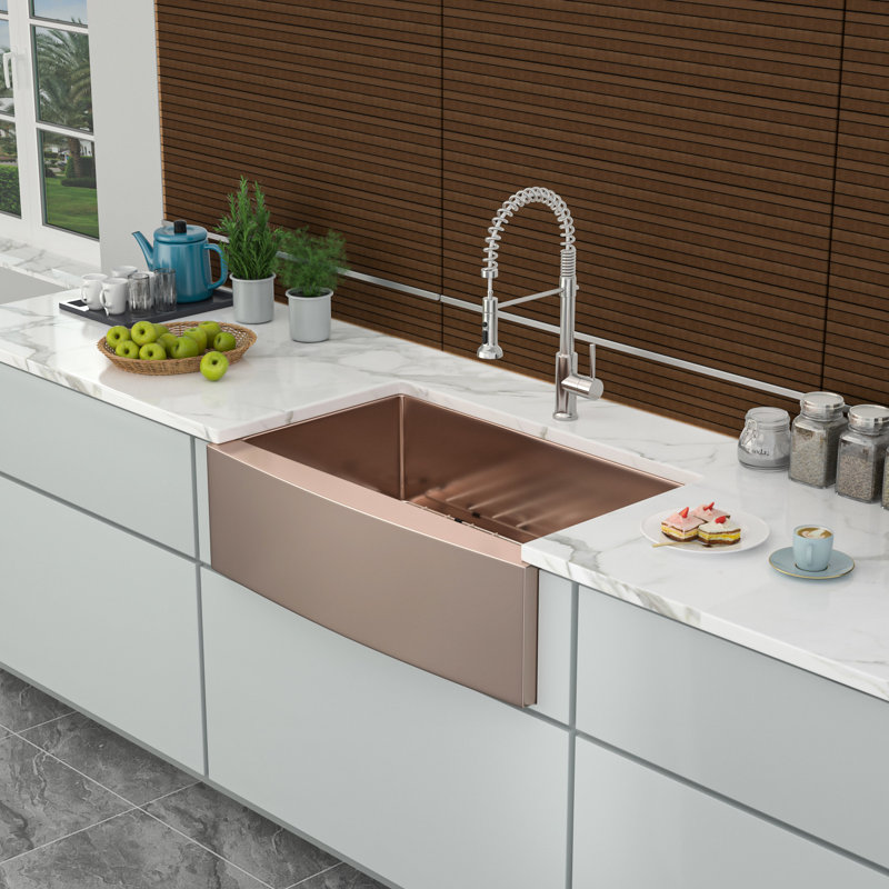 30 Inch Rose Gold Stainless Steel Apron Front Sink, 16 Gauge, And Smooth Surface, With Hygienic Coating Strainer Drain 30" To Scratches Bumps, Easy Clean Function Bottom Grid