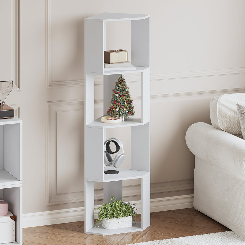 Corner Bookshelf, 4 Tiers Wooden Corner Bookcase Bookshelf Large Open Storage Display Rack with Fixture for Living Room Bedroom Study Office