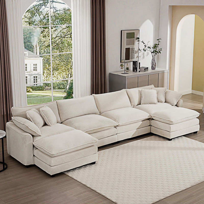 Canapé modulaire rembourré 4 places avec 2 repose-pieds Cloud - Like Comfy, Velours côtelé beige