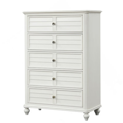 Coastal Transitional Style Chest Antique White Finish English Dovetail Drawers Ball Bearing Glides Round Knobs Drawers Handles Bedroom Furniture