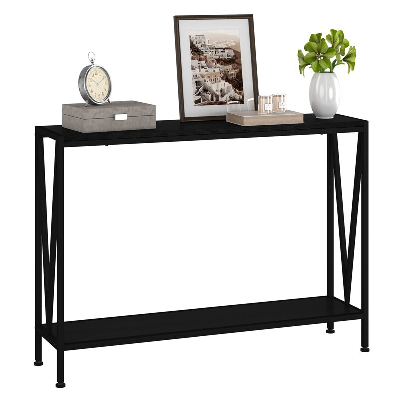 Console Table, Entryway Table With Storage, Industrial Sofa Table With V Design, 2-Tier Narrow Console Table, Black