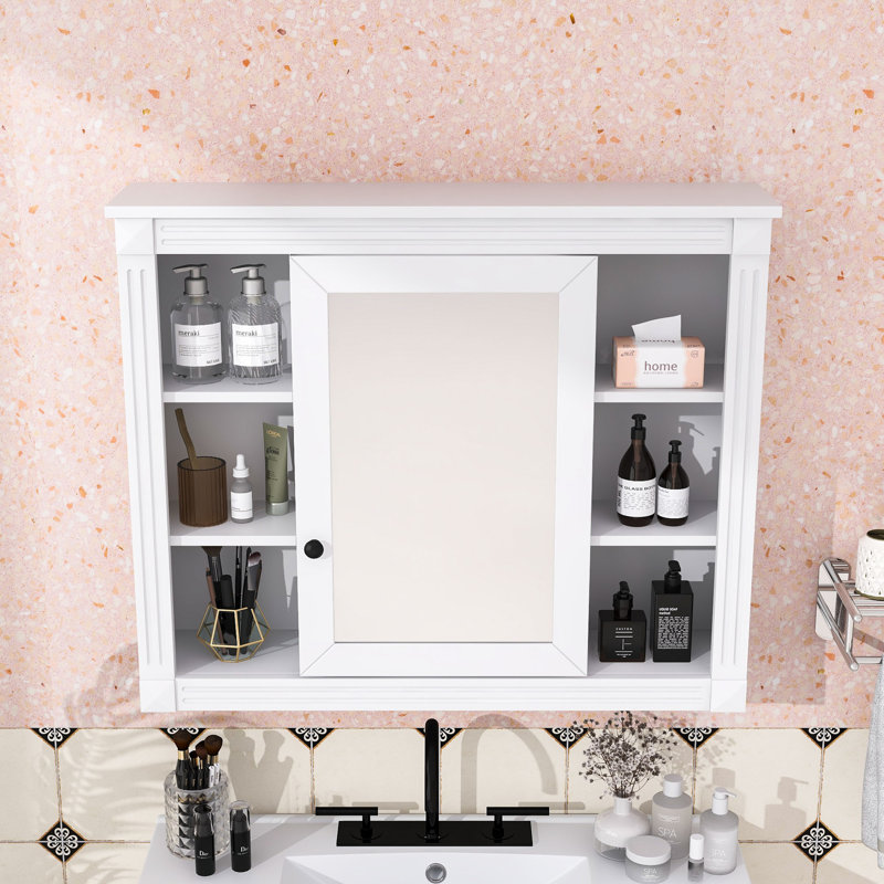 Armoire de rangement murale avec miroir et tablettes, Blanc