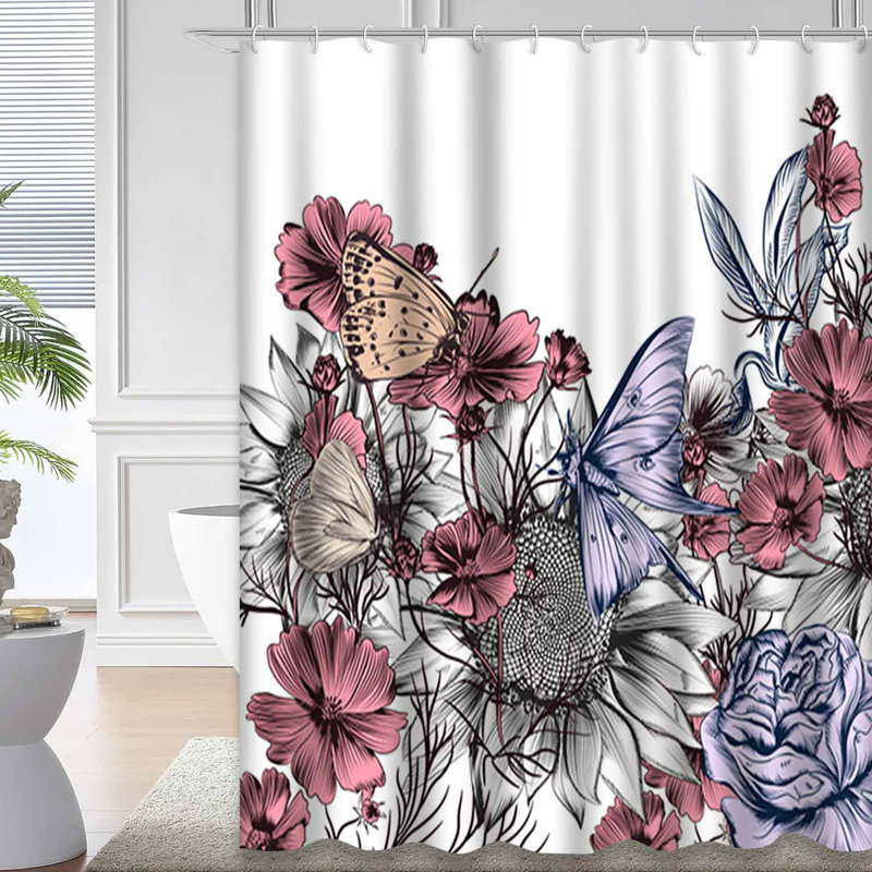 Rideau de douche imperméable à motif floral avec 12 crochets Sunfolk, L 72 po x l 72 po