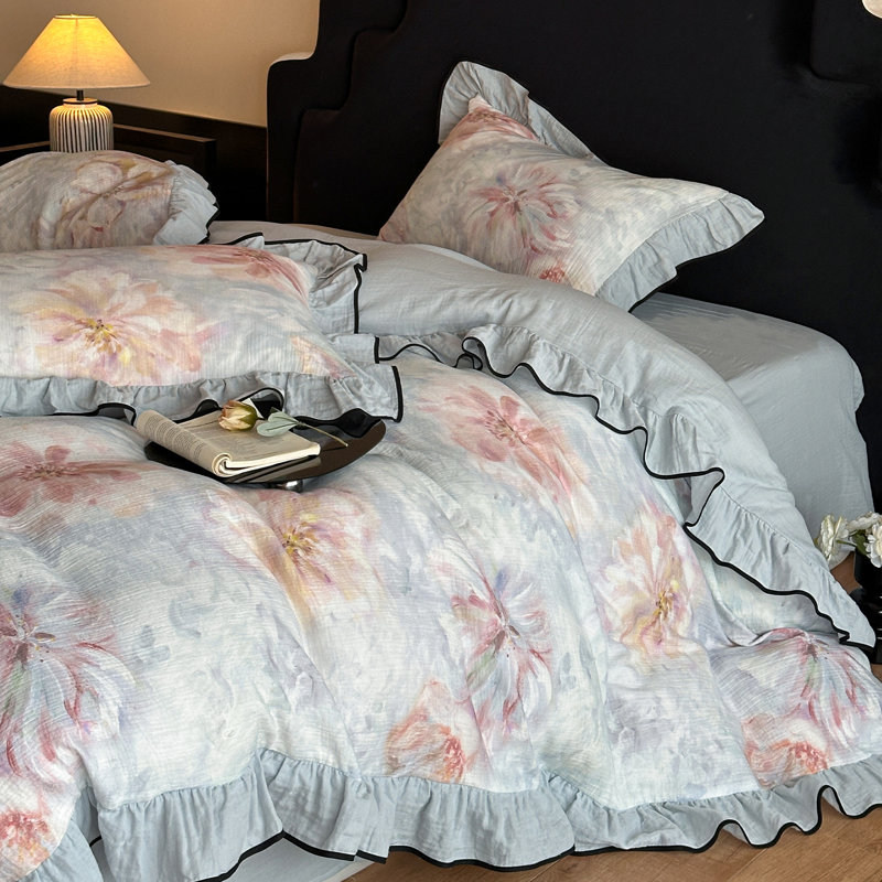 Floral Double-Layer Crinkle Cotton Duvet Cover Set, Queen Duvet Cover + 2 Pillowcases, Blue
