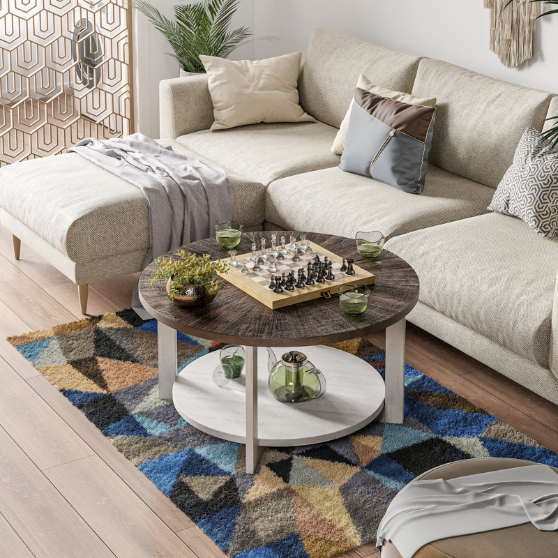 COZAYH Rustic Farmhouse Large Round Wood Coffee Table with Storage Shelf, Brown, Brown Top/White Base