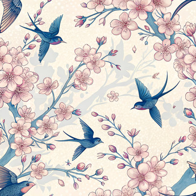Blush Cherry Blossom And Bluebird Wallpaper Peel And Stick Roll Premium