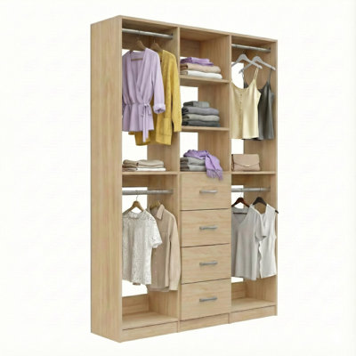 Alto 2 Double Hang and 4-Drawer Wall-Mounted Closet Tower System, 57" W x 84" H x 14.5" D, Oak, This Kit Includes 18" Wide Double Hang, 18" Wide 4-Drawer Shelf and 18" Wide Double Hang