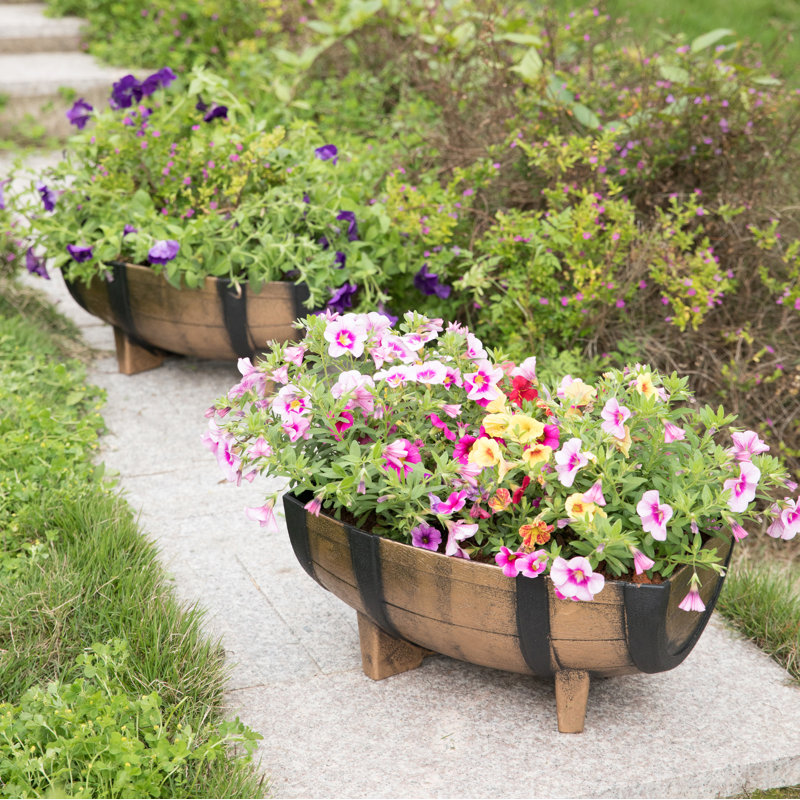 Rustic Brown and Black Plastic Half Barrel Planter Set