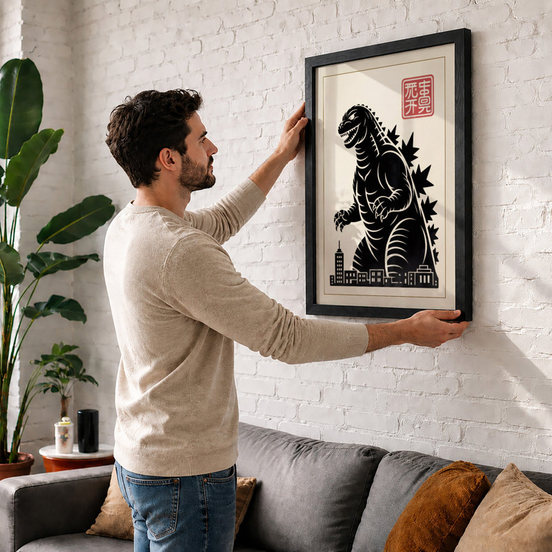 Godzilla Rises Japandi - Framed Print, Oak, A3 - 42.0 x 29.7 cm