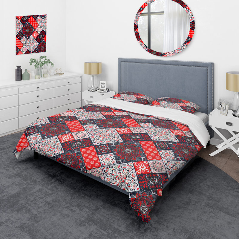 Multicolor Floral Patchwork - Abstract Duvet Cover Set - Microfiber Polyester, Queen Duvet Cover + 2 Standard Shams