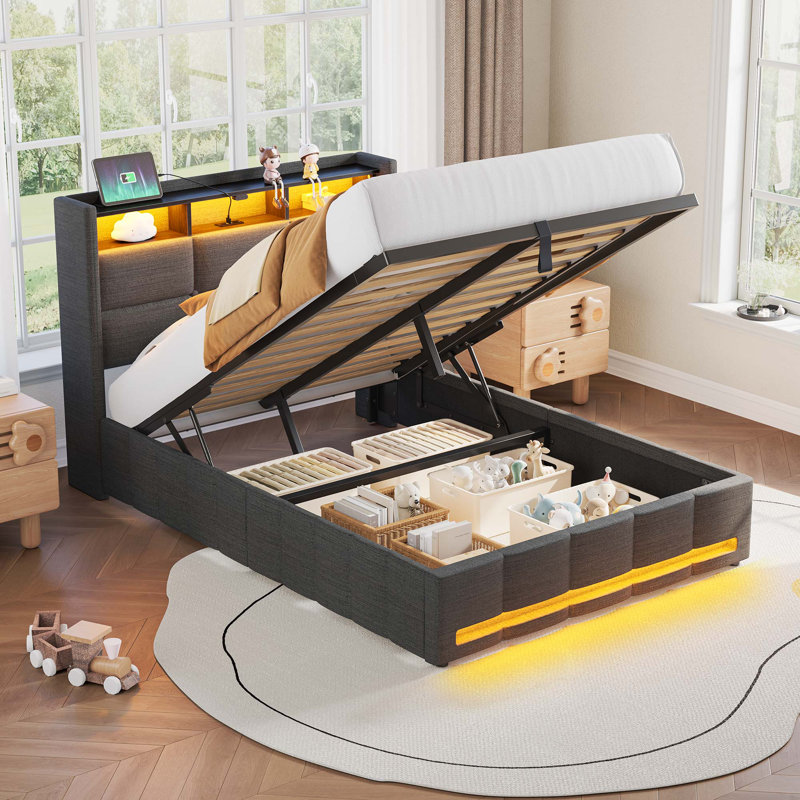 Base de lit rembourrée avec rangement à DEL avec lumières DEL et station de charge, lit plateforme, aucun sommier nécessaire