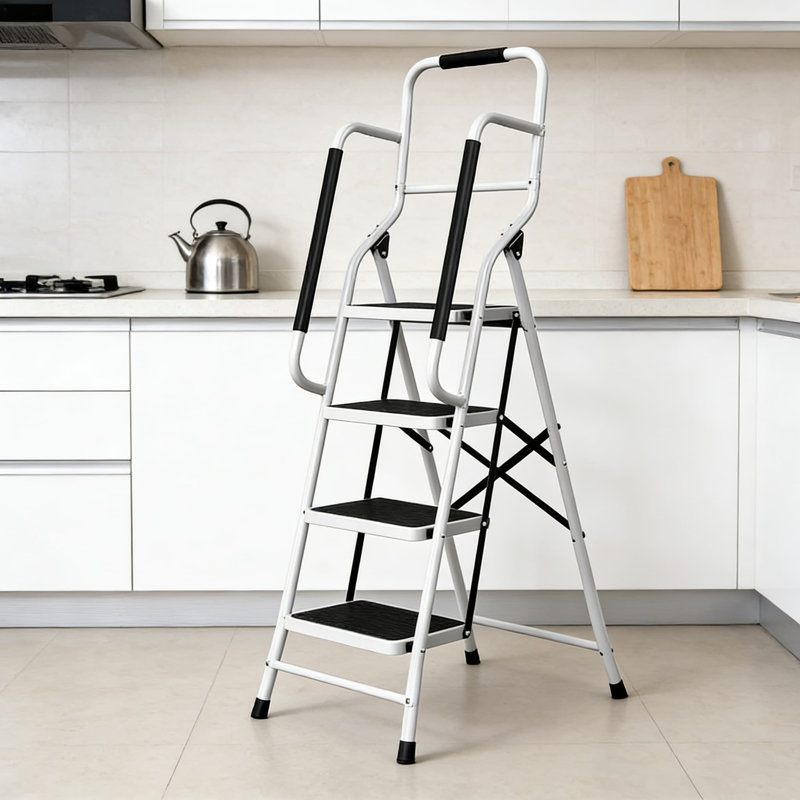 4 Step Ladder With Handrails And Tool Bag - 330Lb Capacity Heavy Duty Folding Step Stool, Non-Slip Steel Frame For Home Repair, Kitchen, Bedroom, And Workshop Use