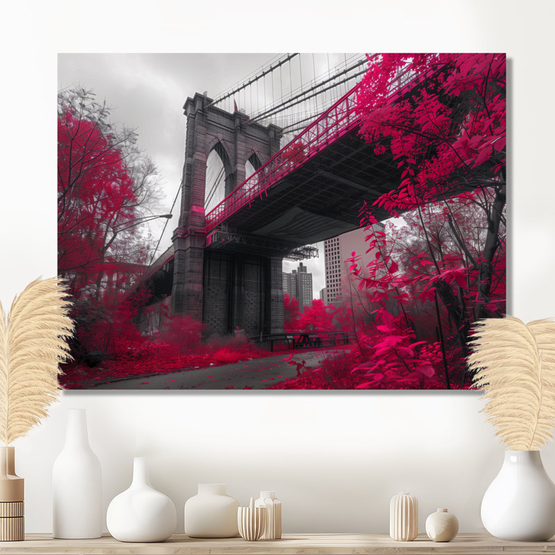Rose, gris, pont de Brooklyn, New York, reproduction d'art murale - pont, H 12 po x l 20 po x P 1 po, Toile tendue