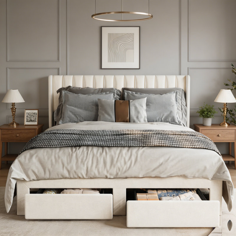 Structure de lit double tapissier à oreilles pleine grandeur avec 2 tiroirs de rangement Aucun sommier requis Lit de détente confortable pour chambre à coucher, facile à assembler, beige