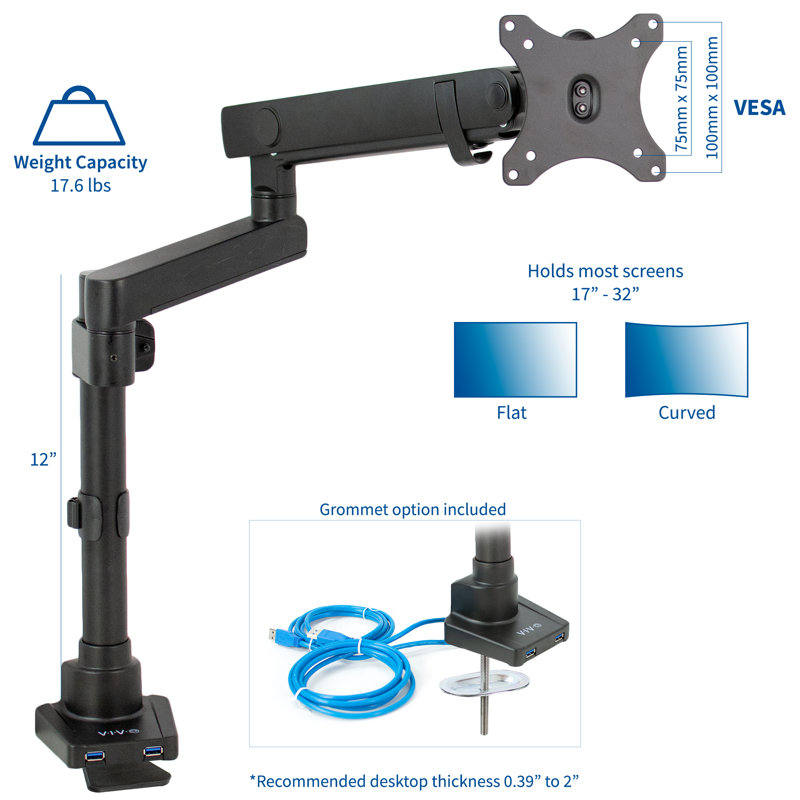 Premium Black Aluminum Full Motion Single Monitor Desk Mount with USB Ports