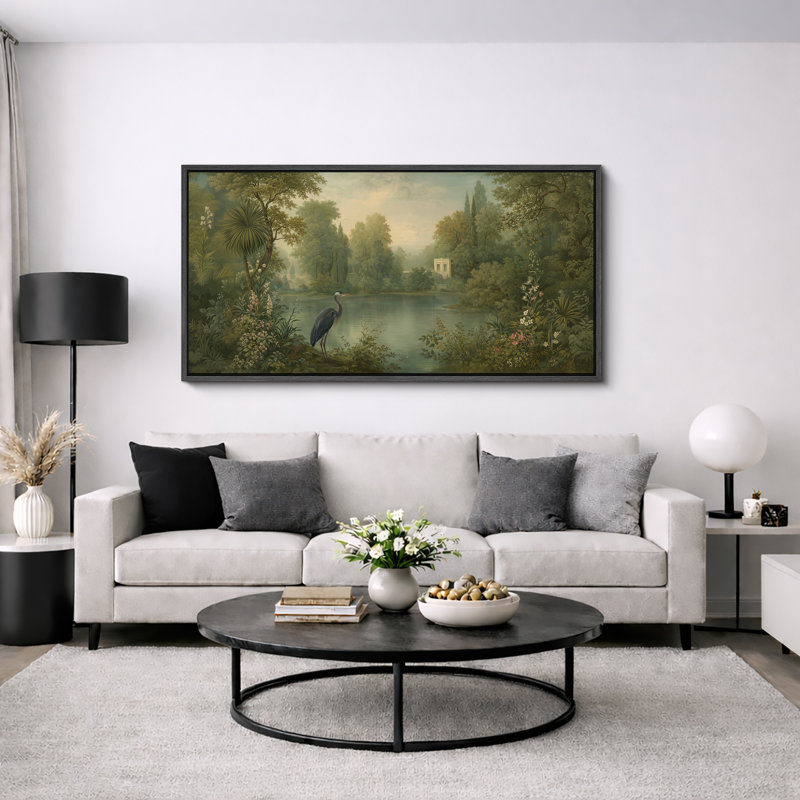 «Serene Lake Heron Landscape», impression sur toile encadrée, H 30 po x l 60 po x P 1,5 po, Cadre noir