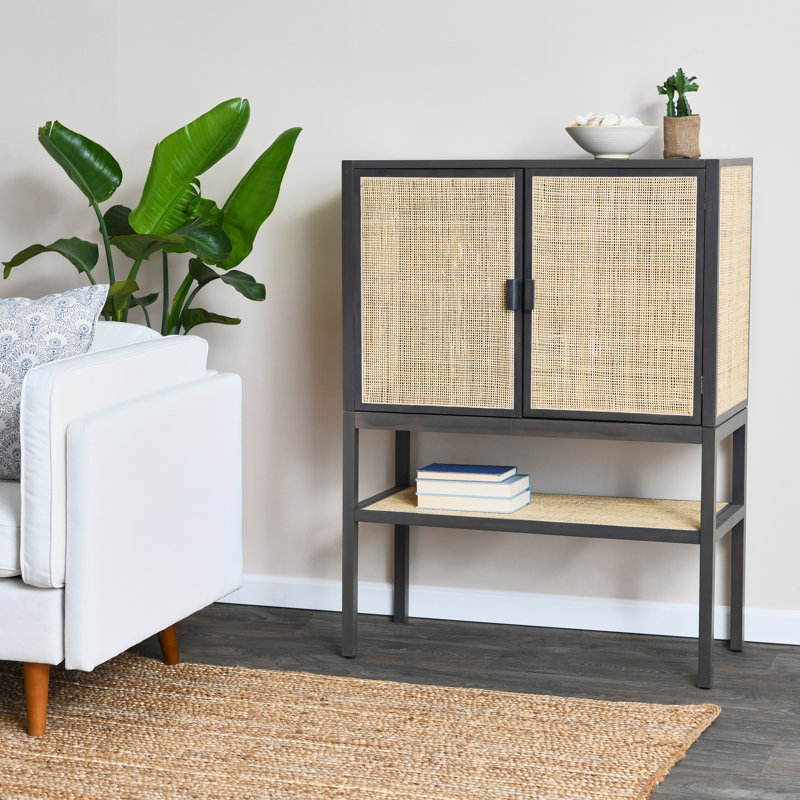 Boho Woven Rattan and Wood Cabinet with 2 Doors 1 Shelf and 4 Interior Storage Compartments, Dark Gray