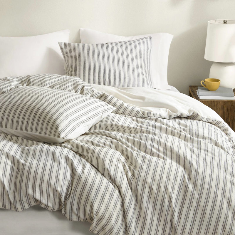 Ensemble de couette gris 3 pièces pour lit Queen, mélange coton-lin-rayonne, confort toutes saisons, design soigné, tissu naturel doux, respirant et lavable à la machine à rayures