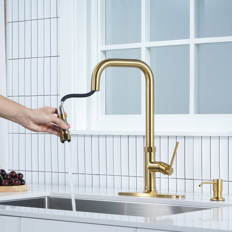 ARCORA Single Handle Pull Down Kitchen Faucet with Soap Dispenser and Deck Plate, Gold