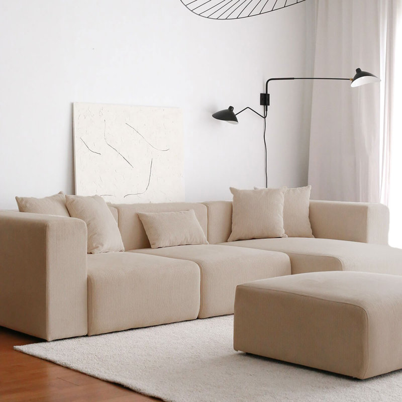 Stylish Corner Sofa, Beige Velvet, 43.3 x 120.1 x 26.8 inches | 100% Iron Frame, 100% PES Velvet Fabric | Soft Foam & Feather Cushioning, Includes 6 Pillows | Perfect for Living Room & Modern Decor