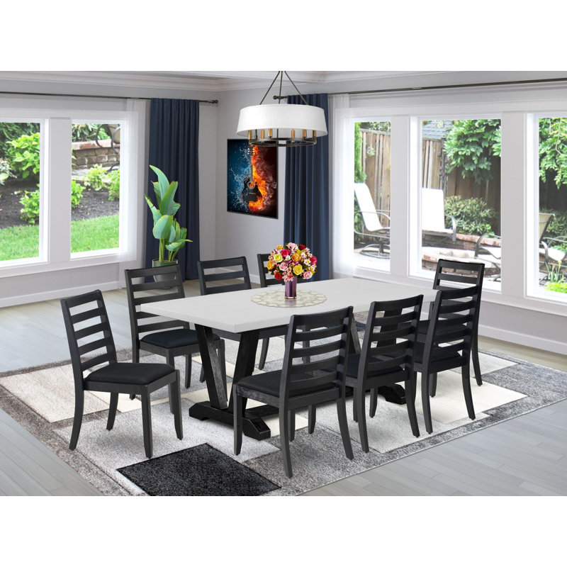 9-pc modern set - a table & 8 stackable kitchen chairs with Black Polyester Fabric, Cement