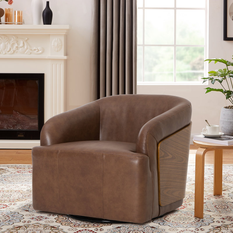Fauteuil demi-tonneau pivotant en cuir véritable, Brun jaune