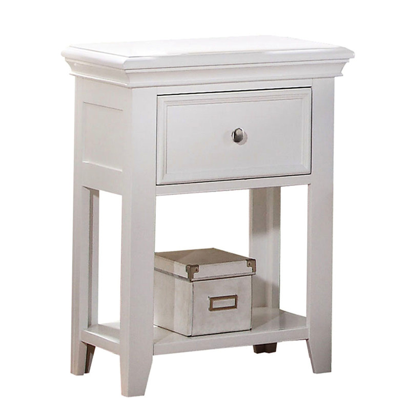 Table de chevet de chambre à coucher blanche avec tiroir et tablette inférieure pour une sensation de luxe