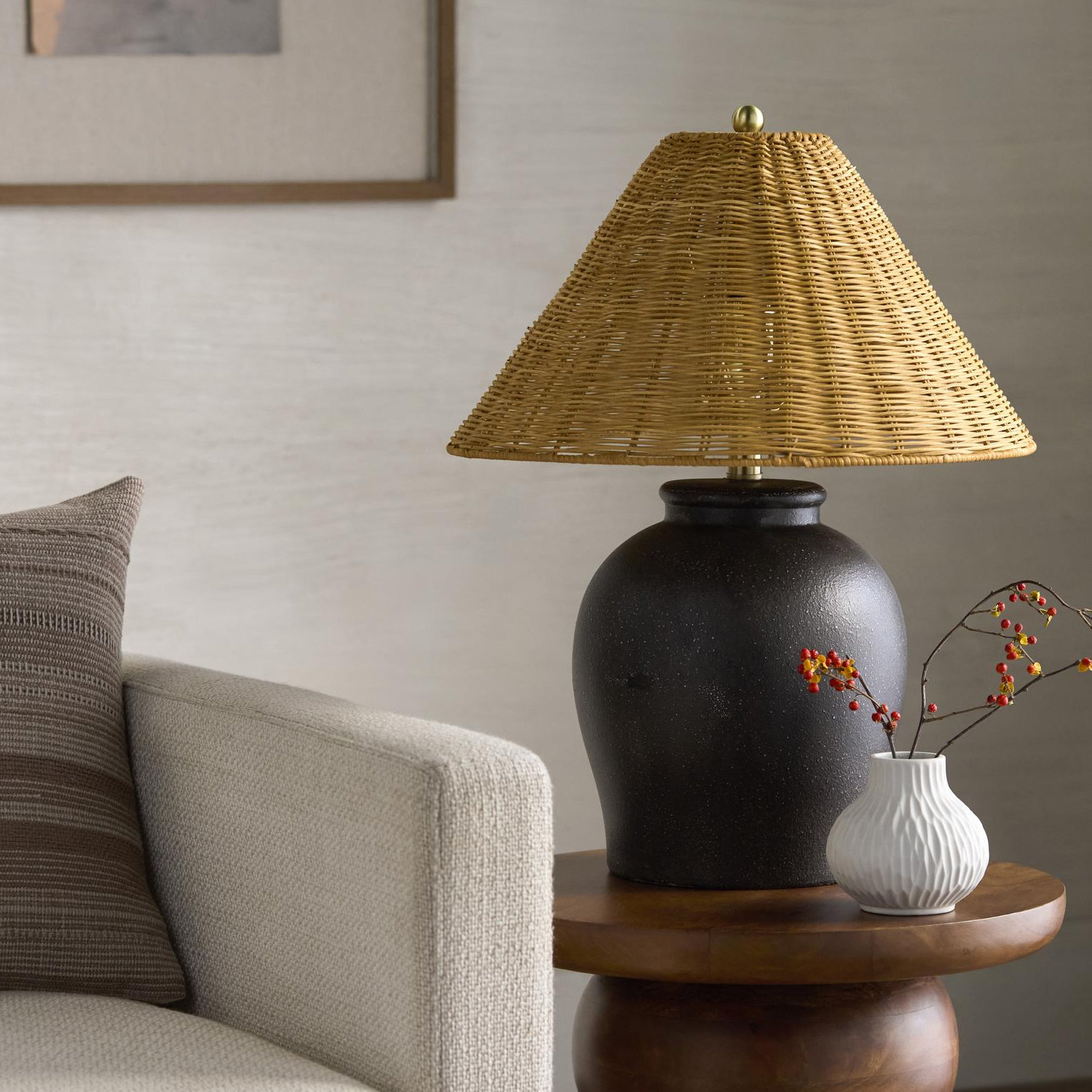 Chemise 22" Ceramic Table Lamp, Black, Rattan