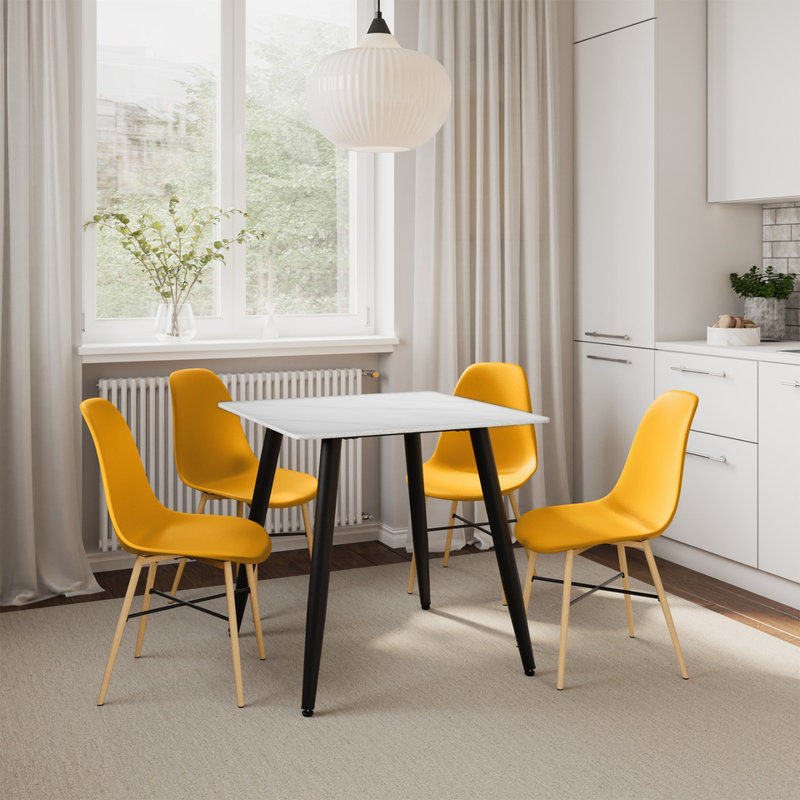 4 -Person Dining Set, White Matt, Yellow