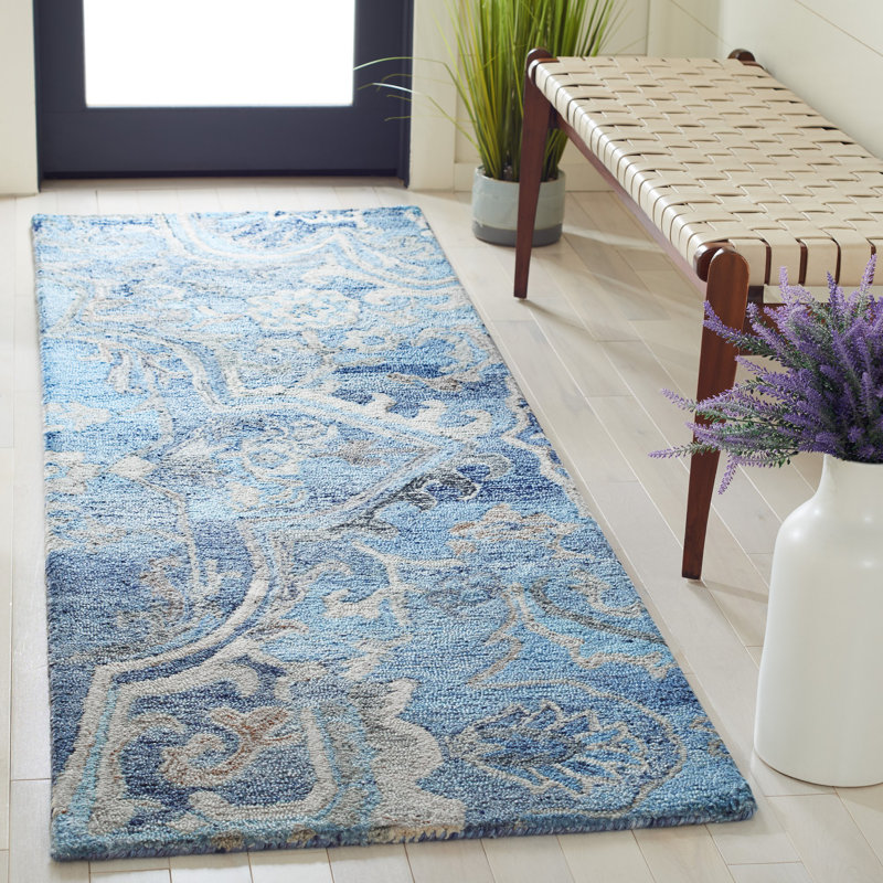 Castillon Floral Handmade Tufted Blue/Gray Area Rug, Runner 2'6" x 8'