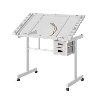 Bureau de dessin d'art réglable avec plateau en verre inclinable, deux tiroirs en tissu, roues verrouillables silencieuses et fonctionnalité de dessin ergonomique.