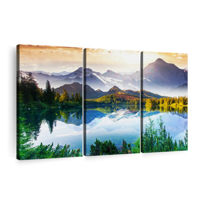 " Mountain And Lake Sunrise Wall Art Multi Piece Canvas Print " 3 Piece Art Set