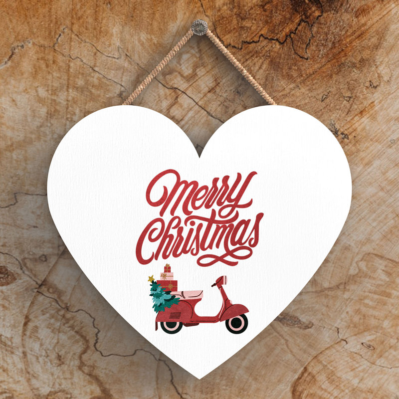 Xmas Merry Christmas Scooter Wooden Heart Plaque, 10cm H x 9cm W x 0.5cm D