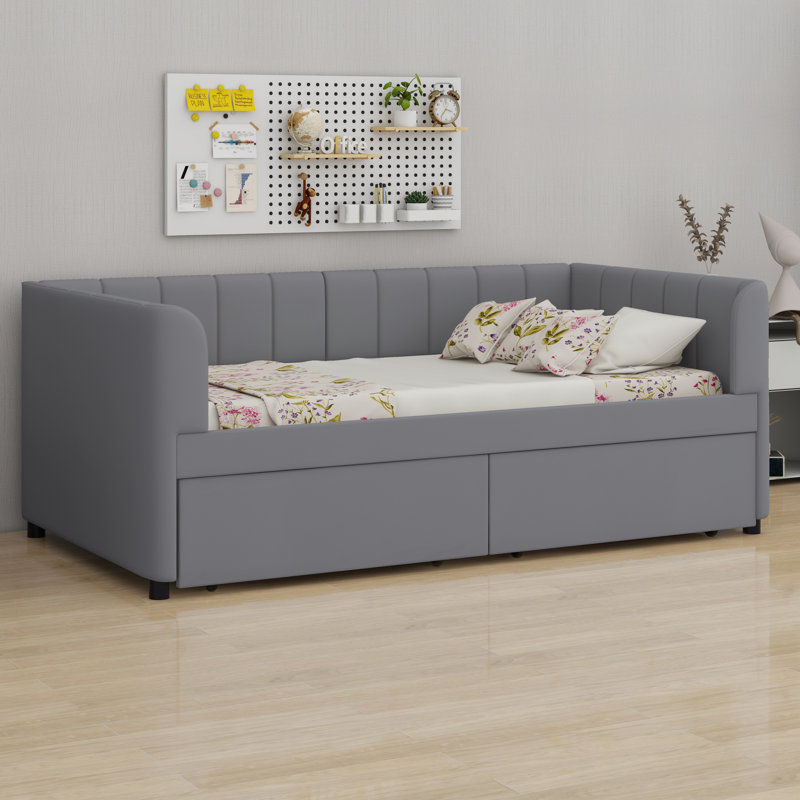 Lit de jour rembourré avec dossier ergonomique et 2 tiroirs, Rose
