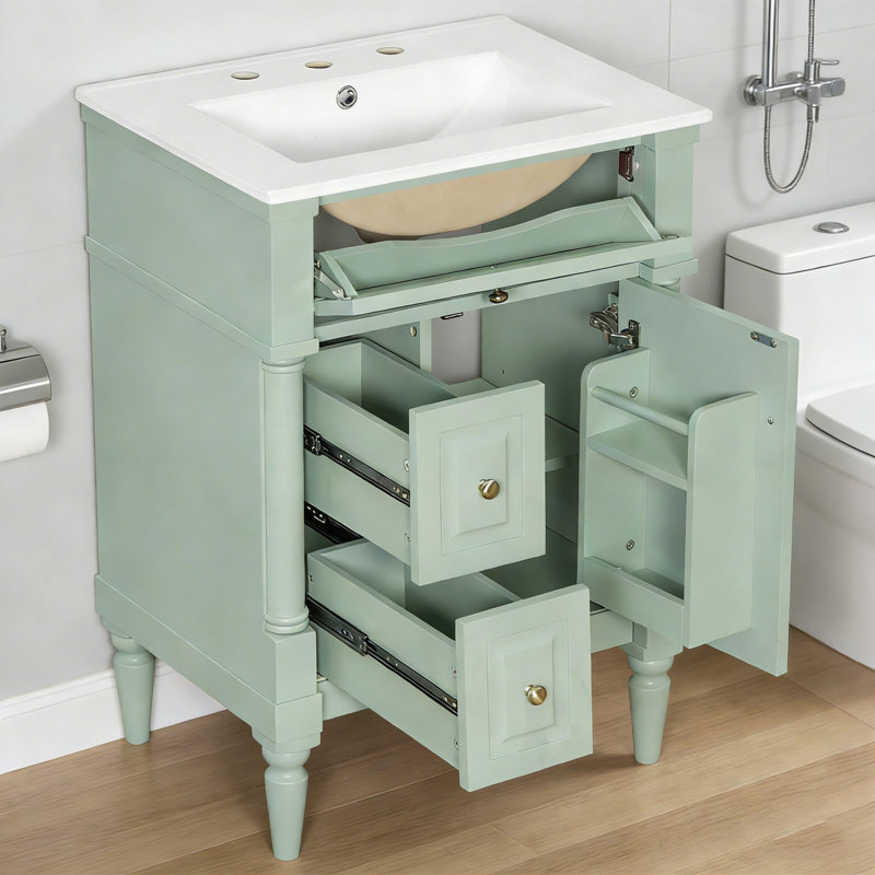 Meuble-lavabo avec lavabo, 2 tiroirs et tablettes de porte, Vert