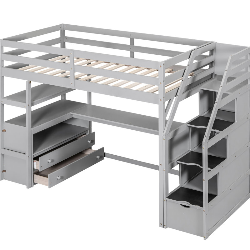 Lit mezzanine simple avec bureau, tablettes et escalier de rangement robuste gris, Lit simple, Gris
