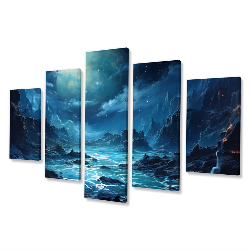 Planète Neptune bleu profond I - art mural sur toile Neptune - 5 panneaux