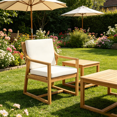 Chaises d'extérieur Mid-Century en bois d'acacia avec accoudoirs incurvés et coussins amovibles