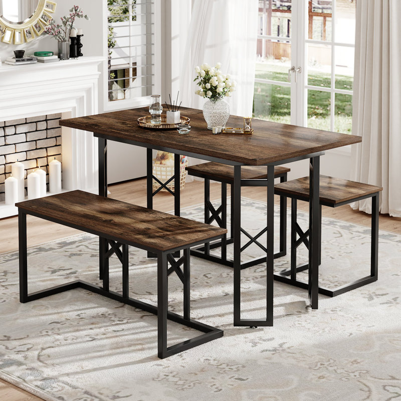 Ensemble de table de salle à manger Natylee 5 pièces avec table, banc, 2 tabourets et petite table de cuisine en rotin tissé avec coussins pour 4 cuisines en métal
