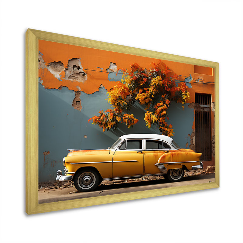 Voiture classique jaune Cuba, H 24 po x l 32 po x P 1 po, Cadre doré simple