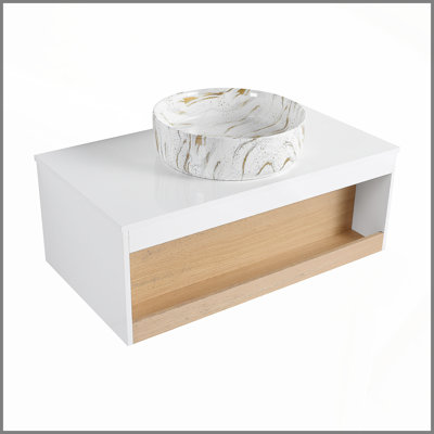 24" Floating Bathroom Vanity with Gold Vein Marble Vessel Sink, Wall-Mounted Vanity with Open Shelf Storage, White Finish with Wood Accent, Space-Saving Modern Design (Ships in 2 Boxes)