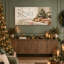 Tableau mural sur toile de Noël représentant une table à manger avec du pain et une fenêtre enneigée-203369675