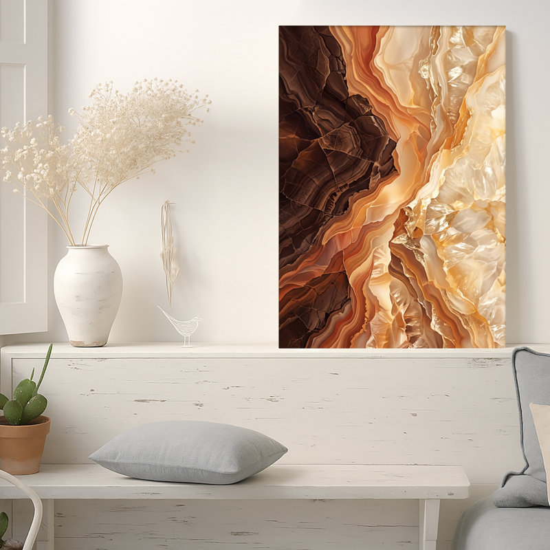 Abstrait, texture de pierre stratifiée sur toile brune et dorée, 30"H x 20"W