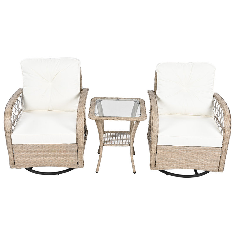  Ensemble de conversation en rotin 3 pièces avec 2 chaises berçantes pivotantes et une table carrée pour le patio, Brun