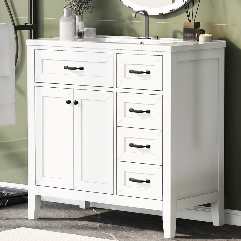 Meuble-lavabo autoportant 36 po - blanc avec lavabo en céramique, tiroirs et armoire stable, Blanc